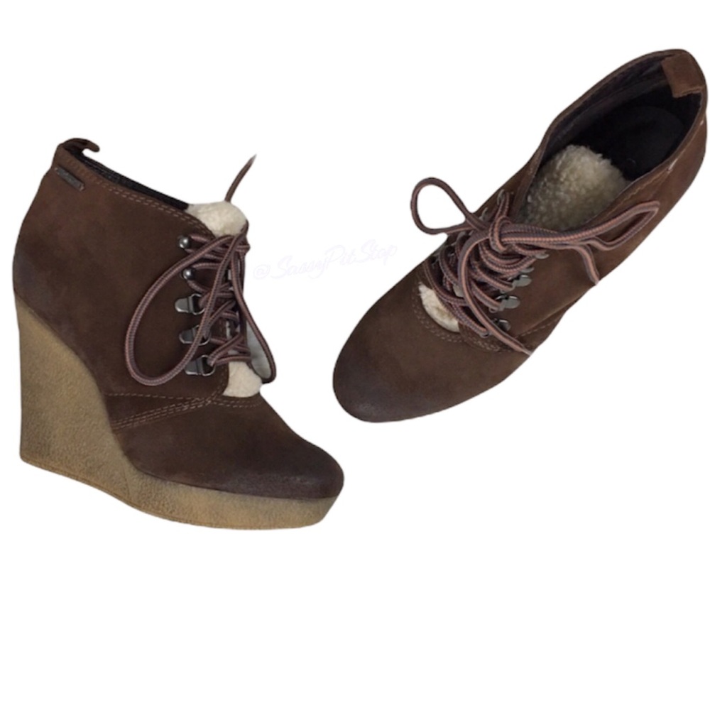 DIESEL Hazard Enos Mustang Brown Leather Platform Wedge Faux Fur Ankle Boots